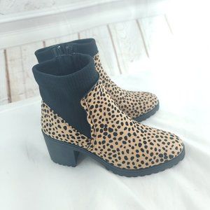 Qupid Womens Black Tan Leopard Print Side Zip Block Heel Ankle Booties Size 6